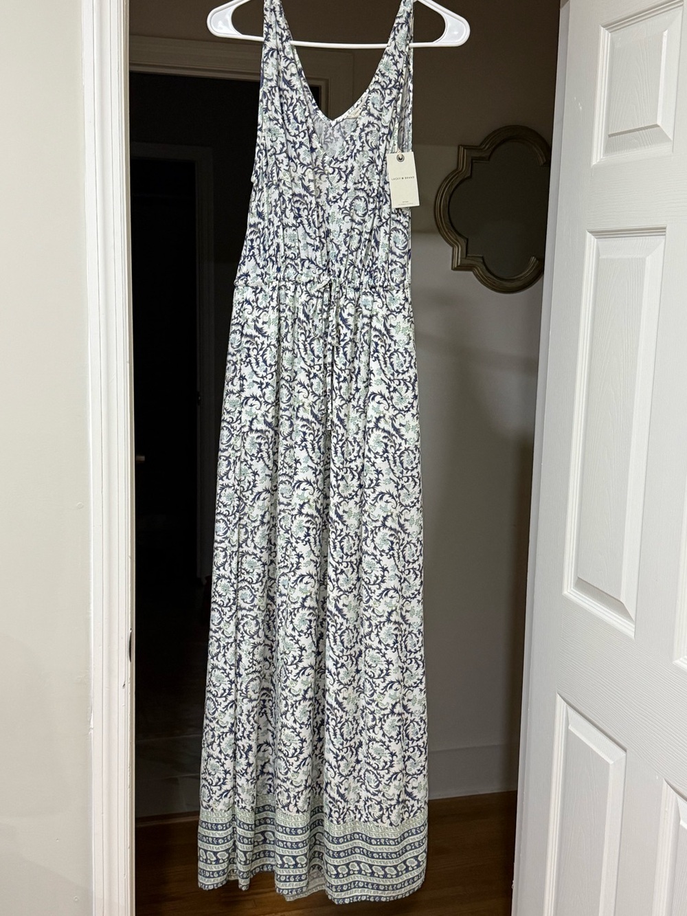 Lucky Brand Off White Sage & Navy Paisley Maxi Dress w/Elastic Waist NWT Size S